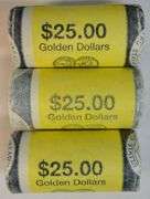 3 Gem original BU rolls of 25 Sacagawea Golden Dollars dated 2000