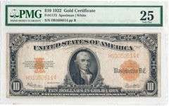 1922 $10 Gold Certificate – Speed White Note – FR#1173 – Very Fine 25