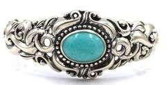 925 Sterling Silver Ornate Beatiful Filigree With Large Oval Turquoise Center Cuff Bracelet