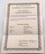 Washington Mint $500 Silver Certificate Bar Half Pound .999 Fine Silver w/ COA