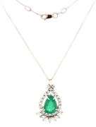 14kt White gold 3.21ct Pear shaped emerald and 1.30ctw marquise and round diamond halo teardrop pend