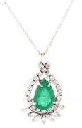 14kt White gold 3.21ct Pear shaped emerald and 1.30ctw marquise and round diamond halo teardrop pend