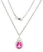 14kt White gold oval pink topaz and diamond halo pendant on chain