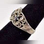 Blue Sapphire and Diamond Ring in Sterling Silver .