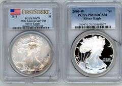 2006-W (PCGS PR70 DCAM) & 2011 First Strike (PCGS MS70) Silver Eagles. Cracked holders