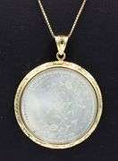 14kt Yellow gold Mother of pearl pendant in gold frame on box chain