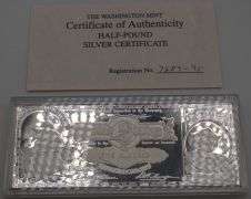 Washington Mint $500 Silver Certificate Bar Half Pound .999 Fine Silver w/ COA
