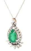 14kt White gold 3.21ct Pear shaped emerald and 1.30ctw marquise and round diamond halo teardrop pend