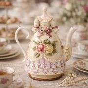 Hand-Painted Ceramic Teapot with Embossed Rose Design