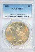 Solid Gem BU 1923 Peace Silver Dollar. PCGS MS65