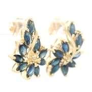 14kt Yellow gold marquise blue sapphire and diamond accent flower leaf stud earrings