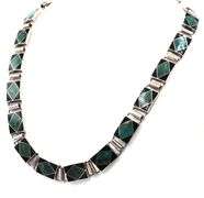 Vintage 925 Sterling Silver Art Deco Inlaid Malachite And Onyx Necklace