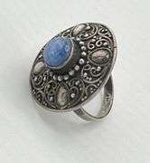 925 Sterling Silver Vintage Etruscan Revival Design Blue Opal Ring