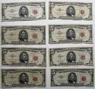 Eight $5 1963 Red Seal US Notes