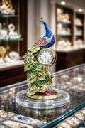 Peacock on Clock Trinket Box Gold-Plated with Crystals