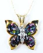 Vintage 10K Mystic Topaz & Diamonds Butterfly Necklace
