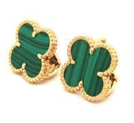 18KT Yellow Gold Stunning Green Malachite large Clover Stud Earrings