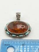 925 Sterling Silver Vintage Oval Baltic Amber Accented With Small Turquoise Pendant