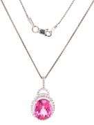 14kt White gold oval pink topaz and diamond halo pendant on chain