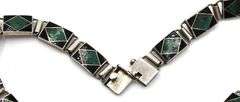 Vintage 925 Sterling Silver Art Deco Inlaid Malachite And Onyx Necklace