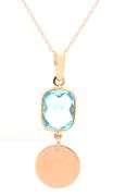 14kt Rose gold cushion blue topaz disc drop pendant on chain