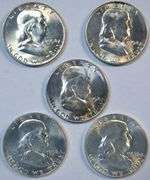 Gem BU 1954-D, 2 1954-S, & 2 1956 Franklin Half Dollars with FBL