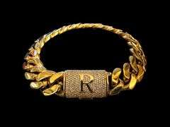 Sparkling 14 Kt Gold Plate 65.5 Gram Monogramed Initial "R" Curb Link Bracelet
