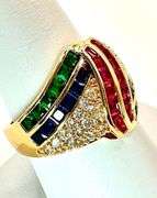 14 Kt. Yellow Gold Plate 4.75 Ct Simulated Ruby, Sapphire, and Emerald Ring
