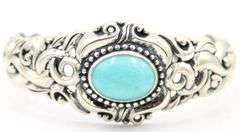 925 Sterling Silver Ornate Beatiful Filigree With Large Oval Turquoise Center Cuff Bracelet