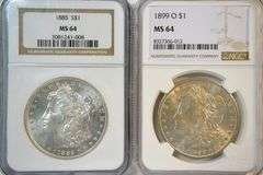 Super Near Gem BU 1885 & 1899-O Morgan Silver Dollars. NGC MS64