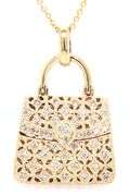 14kt Yellow gold diamond lattice purse pendant on chain necklace