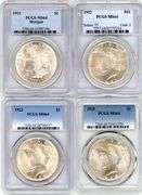 4 Diff. Frosty-white PCGS MS64 graded Silver Dollars 1921 to 1925