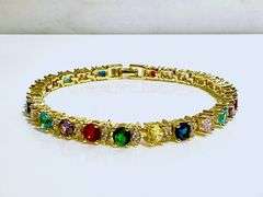 Beautiful Gold Plated Mixed Color Simulated Sapphire Tennis Bracelet