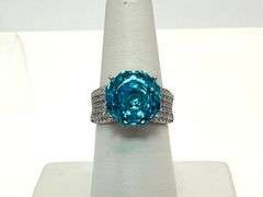 Stunning  White Gold Plate 5 Ct Rose Cut Simulated Blue Topaz Ring