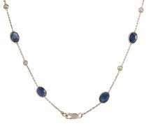 13.20ctw Oval Sapphire and 0.55ctw Diamond by the Yard Station Necklace in 14K