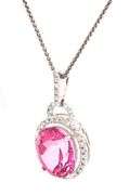 14kt White gold oval pink topaz and diamond halo pendant on chain