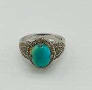 925 Ster;ling Silver Vintage Turquoise With Decorative Metalwork Ring