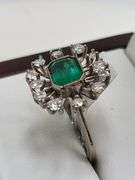 Antique Russian Emerald 18k White Gold Floral Ring with Diamonds