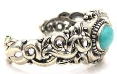 925 Sterling Silver Ornate Beatiful Filigree With Large Oval Turquoise Center Cuff Bracelet