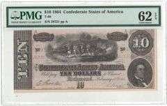 1864 $10 Confederate States of America T-68 Fr# CSA-68 – S/N 28721 – pp A – PMG 62 Uncirculated