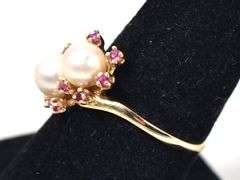 Stunning 14K Yellow Gold Pearl and Ruby Gemstone Ring