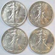 4 Diff. Nice lustrous 'P' Mint Walking Liberty Half Dollars 1936 to 1945