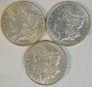 3 Flashy-white AU/BU Morgan Silver Dollars: 1887, 1889, & 1900