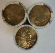 3 Gem original BU rolls of 25 Sacagawea Golden Dollars dated 2000