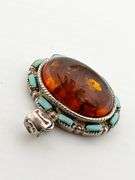 925 Sterling Silver Vintage Oval Baltic Amber Accented With Small Turquoise Pendant