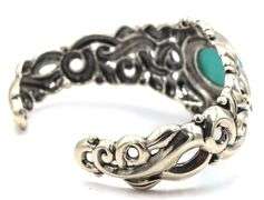 925 Sterling Silver Ornate Beatiful Filigree With Large Oval Turquoise Center Cuff Bracelet