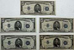 Five $5 1934 1934 D Silver Certificates.