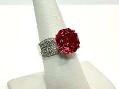 Beautiful 14 Kt White Gold Plate 5 Ct Simulated Pink Rose Red Ruby Ring. This fancy Rose Cut Solitai