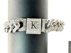 14 Kt. White Gold Plate 36.4 Gram Monogramed Initial "K" Curb Link Bracelet