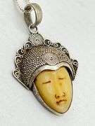 Italian 925 Sterling Silver Vintage Antique Carved Face Ivory Pendant